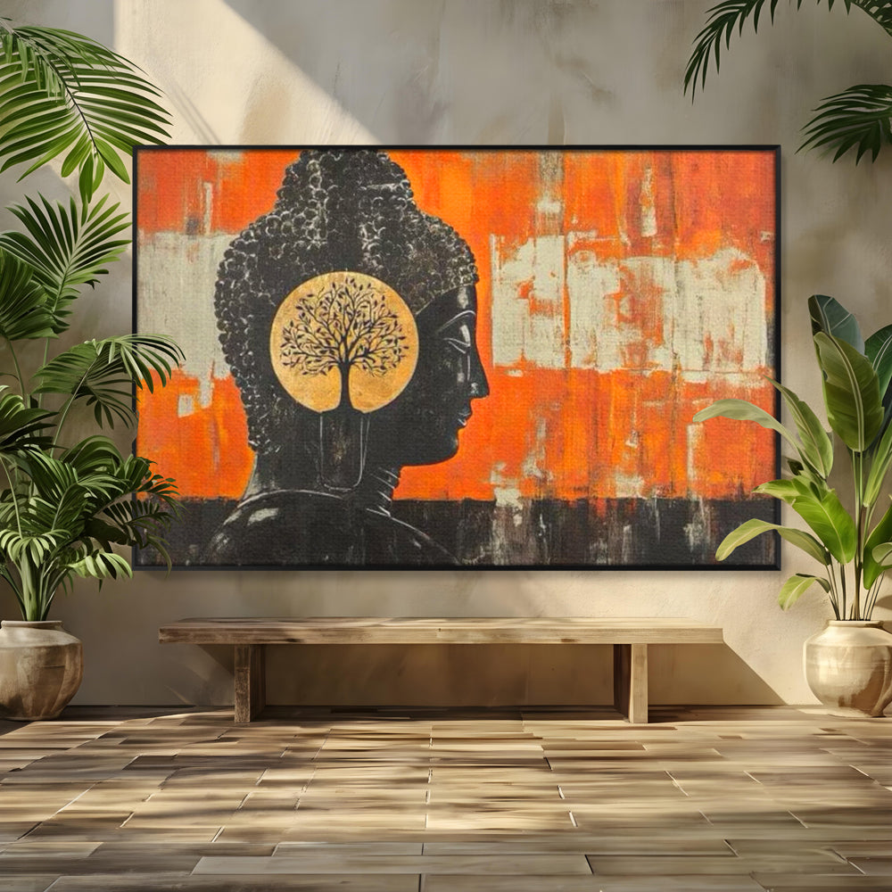 Tablou canvas cu tablou canvas cu profilul lui buddha, in rama de aluminiu negru
